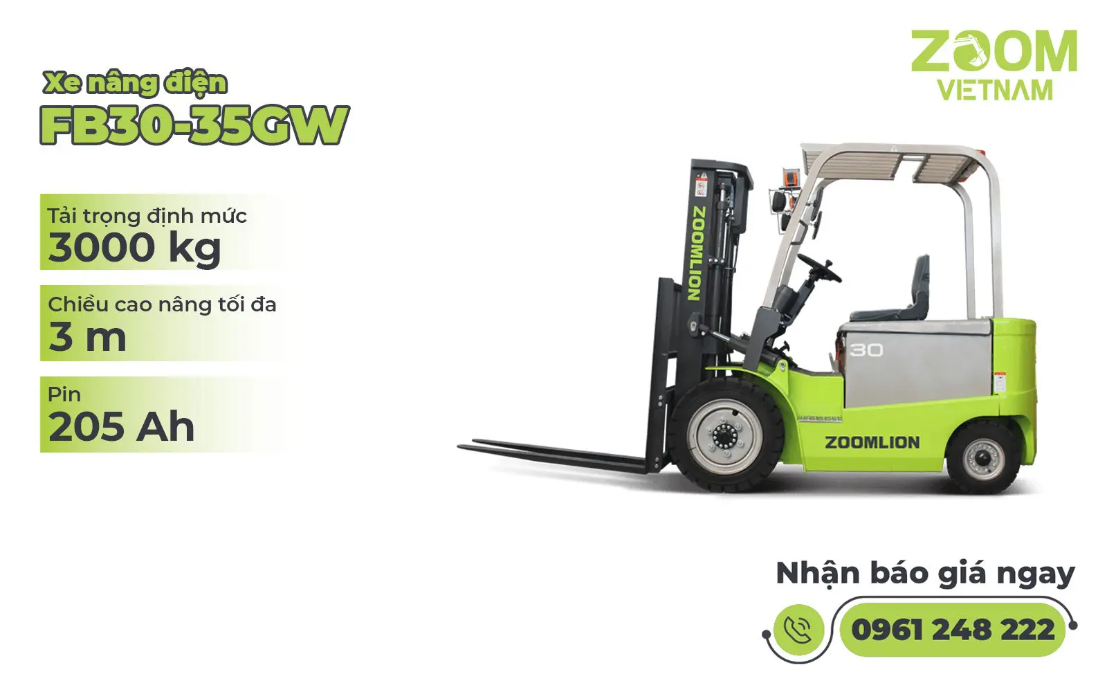 Xe Nâng Điện Zoomlion FB30-35GW Pin 205 Ah